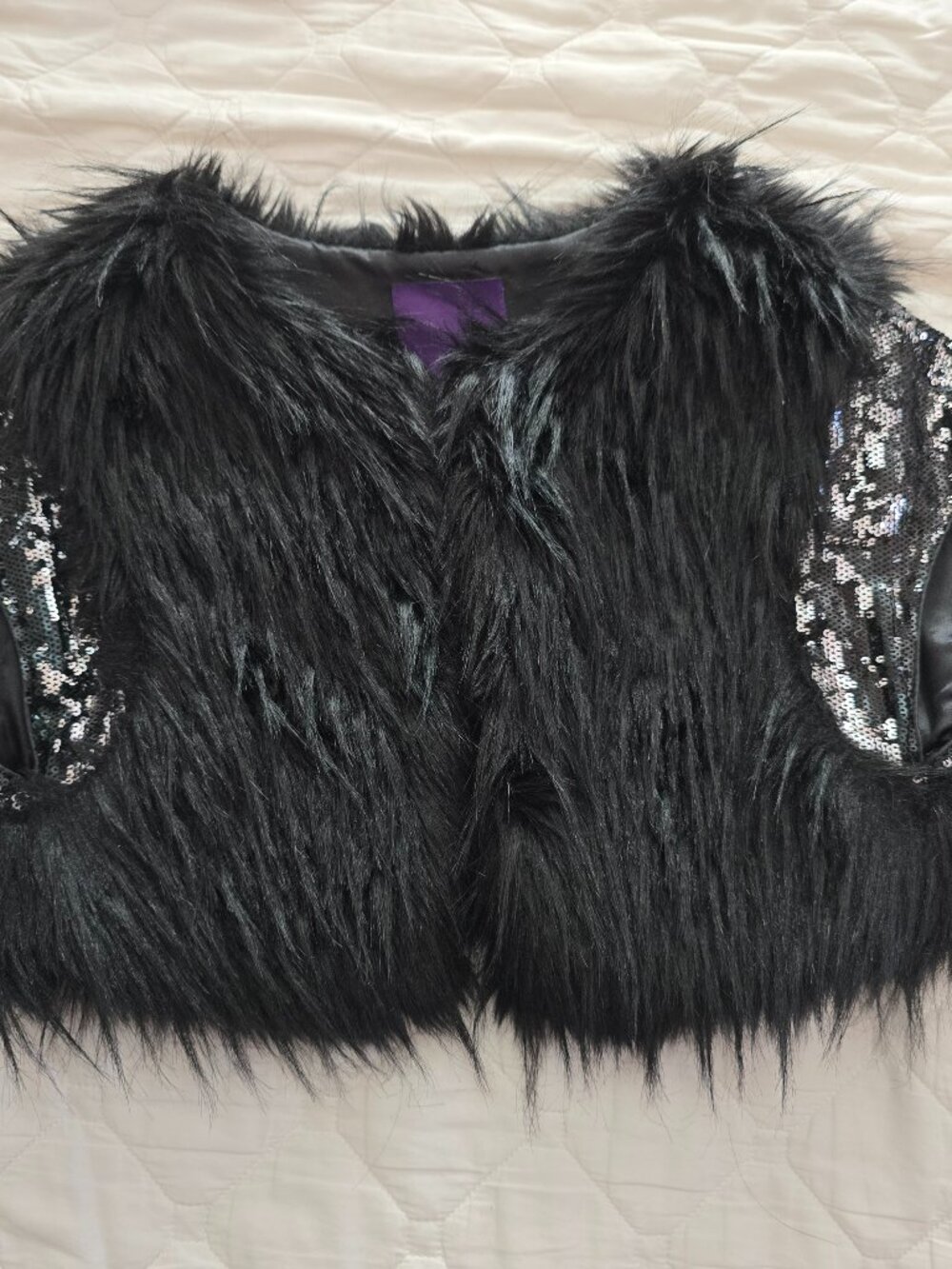 Forever 21 Black Faux Fur Cropped Vest Shrug L w/ Sequin Sleeves